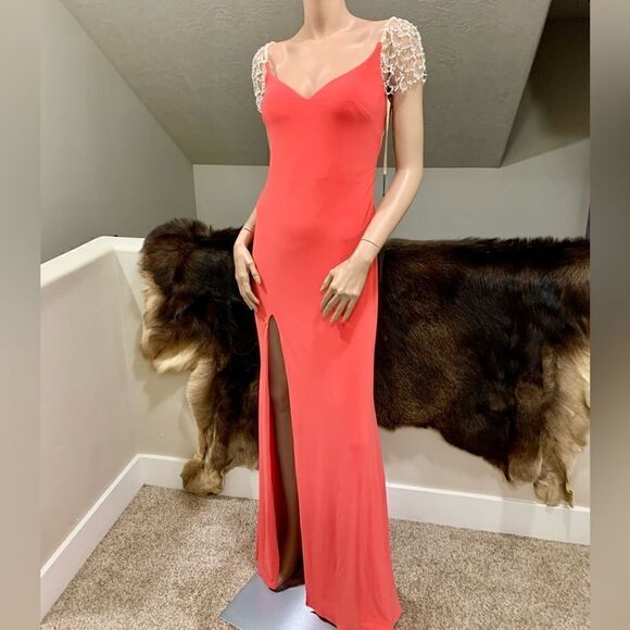 Elegant Crystal Detail Cap Sleeve Jersey Sheath Evening Dress & Sheer Back - Picture 7 of 13
